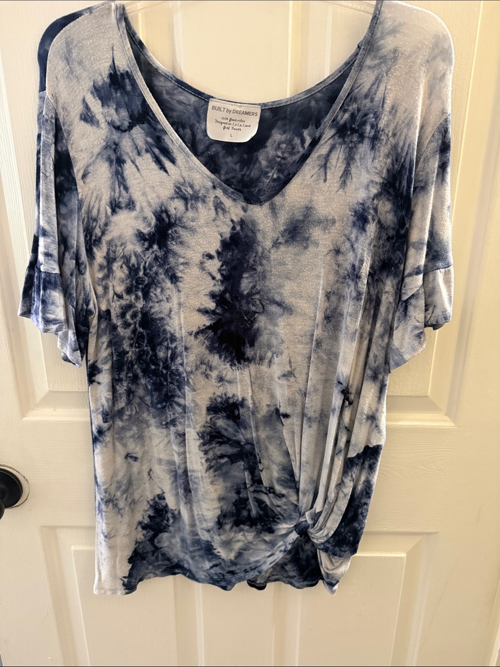 Navy Tie-Dye V-Neck Short Sleeve Top with Side Knot